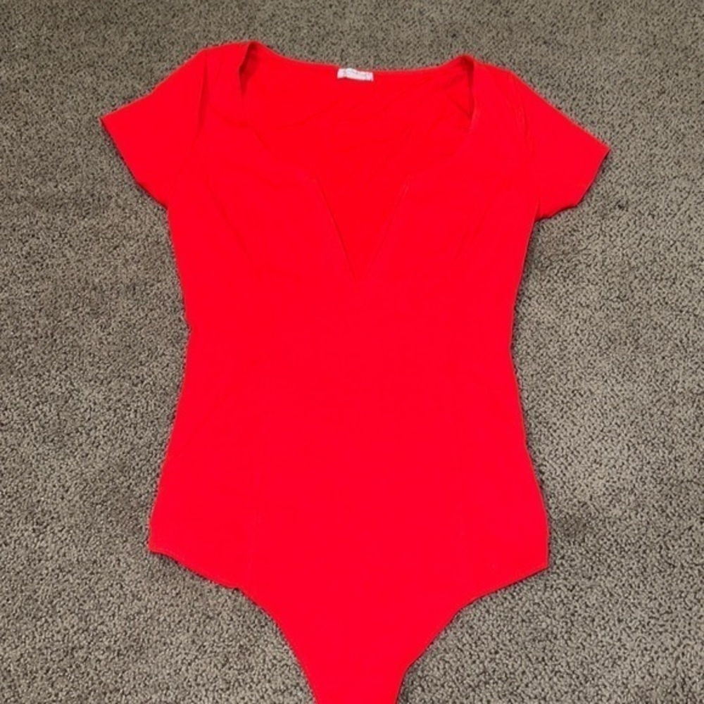 Free People Red V-Neck Short Sleeve Bodysuit